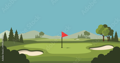 Golf course with a flag on the green, sand traps, trees, and mountains in the background under a clear sky