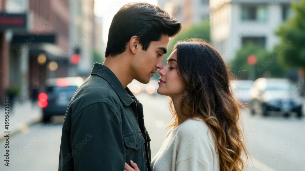 Fototapeta premium Young couple leaning close on city street in soft light