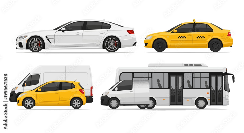 Naklejka premium Various modern vehicle types in profile view transportation illustration