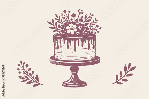 Floral wedding cake doodle vector illustration with dripping icing and hand drawn botanical topper style