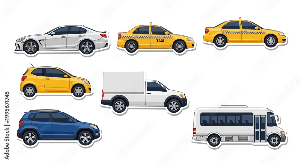 Naklejka premium Various stylized vehicles in side view isolated on white background