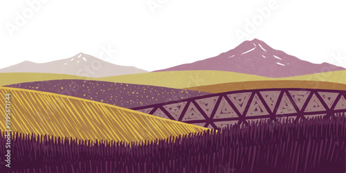 A scenic landscape illustration featuring a steel bridge over fields with mountains in the distance