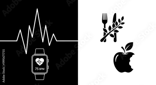 Smartwatch and healthy food icons.
