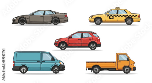 Various stylized vehicles in side view isolated on white background vector design