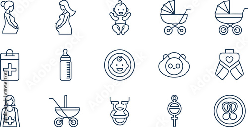 Baby related line icons set essentials for newborn care and parenthood