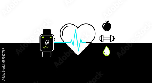 Fitness icons with smartwatch and heart rate.