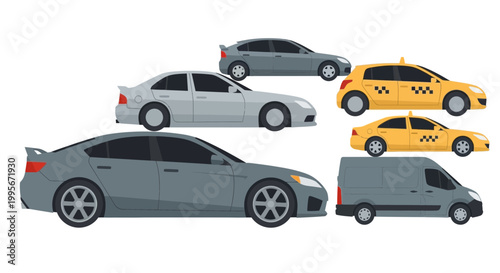 Various stylized vehicles isolated on white background for design projects