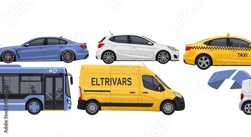Various stylized vehicles on a white background for transportation concepts
