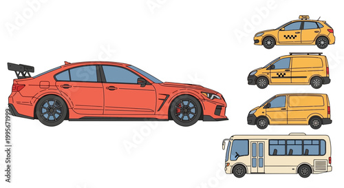 Various transportation vehicles in vector style for design projects