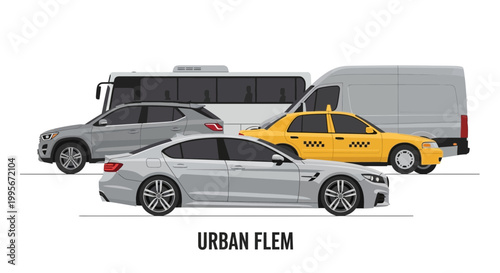 Various vehicles illustration car bus van and taxi in vector style