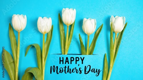 White tulips with Happy Mother's Day text on blue background