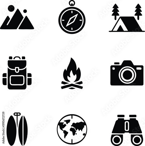 High quality black and white flat vector icon set of camping equipment, mountain trekking, outdoor adventure travel, wilderness exploration tools cad drawing flat vector illustration