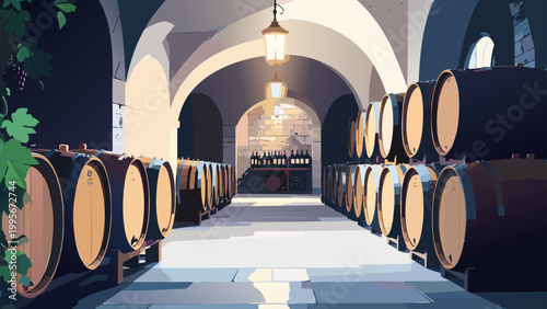 ヨーロッパ風の伝統的なワインセラーと木樽のベクターイラスト_1920x1080px