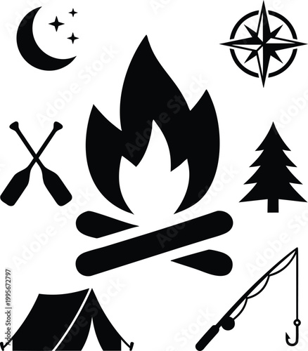 High quality black and white flat vector icon set of camping campfire, fishing gear, outdoor adventure, forest wilderness, scouting navigation tools cad drawing flat vector illustration
