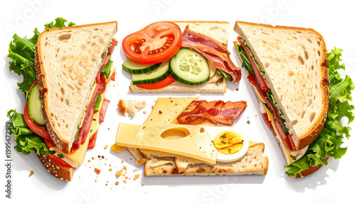 Appetizing deconstructed sandwich ingredients and assembled halves arranged neatly on a crisp white background with natural shadows captured from an overhead view.