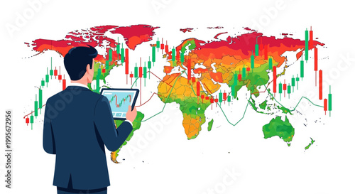 Businessman analyzing world map with financial data and market trends