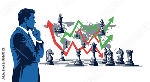 Businessman contemplating chess game with world map and financial charts
