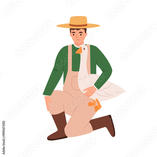 Farmer with goose in hand at countryside farm. Man, country worker breeding p...