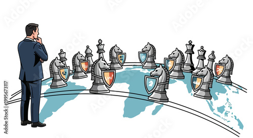 Businessman contemplating chess pieces on world map strategic planning concept