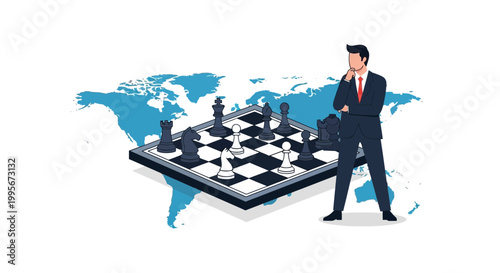 Businessman contemplating chessboard strategy over a world map background
