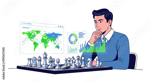 Businessman contemplating chessboard with data charts and world map