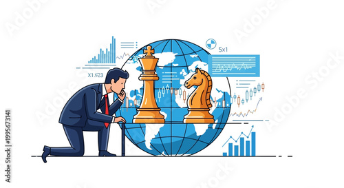 Businessman contemplating chess pieces with global finance charts background