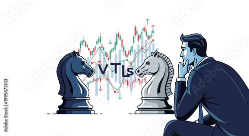 Businessman contemplating chess pieces and stock chart illustrating strategy