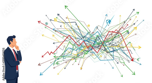 Businessman contemplating complex data flow with financial arrows on white