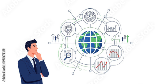 Businessman contemplating data analysis and global connections concept