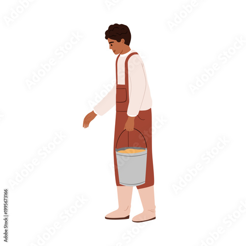 Farm worker carrying bucket in hand. Agriculture work, farmer in rural countryside. Country man, rural business, activity, occupation. Flat vector illustration isolated on white background