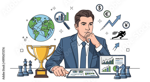 Businessman contemplating financial strategy with global economic elements