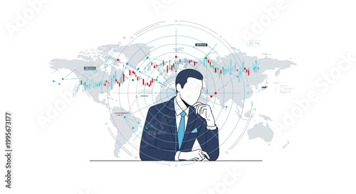 Businessman contemplating financial data charts and global map background