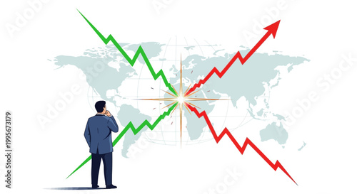Businessman contemplating financial trends with arrows and world map background
