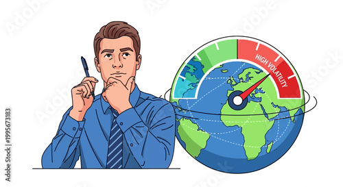 Businessman contemplating financial volatility with a world map and meter