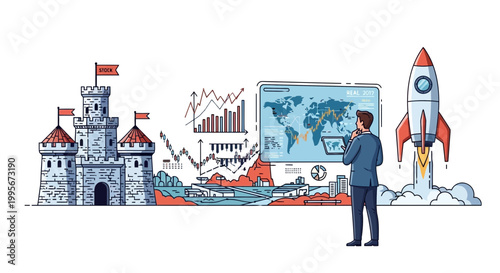 Businessman contemplating global strategy near castle and rocket ship