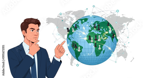 Businessman contemplating global strategy with chess pieces on a world map