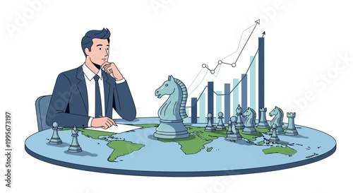 Businessman contemplating strategy with chess pieces and world map