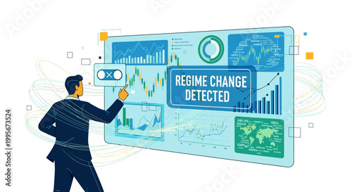 Businessman interacting with a large screen displaying financial data analysis