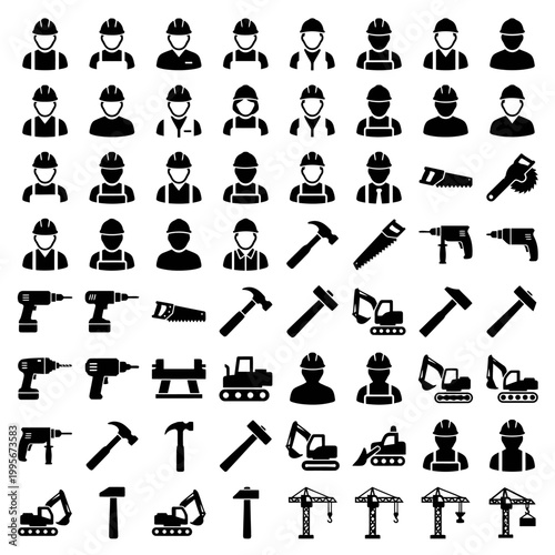 Black silhouette icons of construction workers and industrial power tools