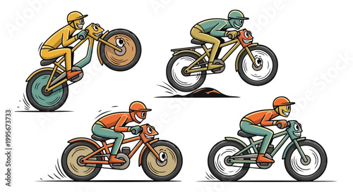 Bicycle rider illustrations in various poses and colors