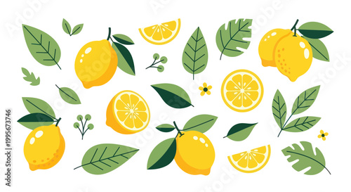 Vibrant Lemons and Green Leaves Pattern - Fresh Citrus Fruit Illustration