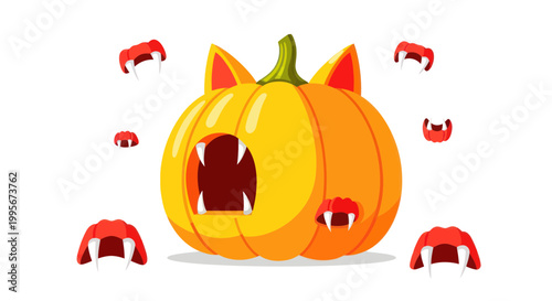 Spooky Halloween Pumpkin Cat with Fangs and Dripping Blood