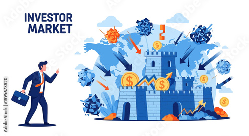 Businessman observes investment market with world map and financial symbols