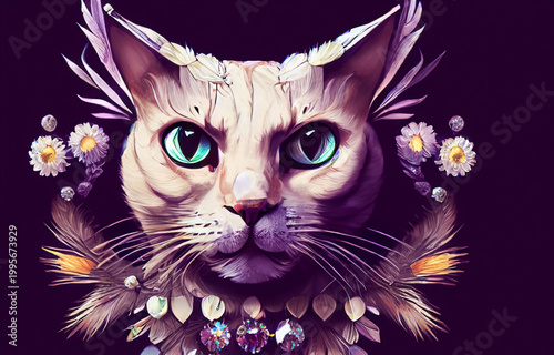 Beautiful fantasy cat with feather and diamond