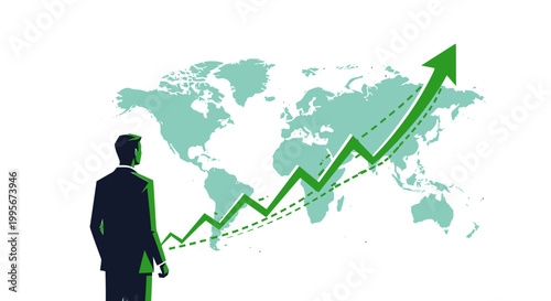 Businessman observes rising arrow representing global growth and success