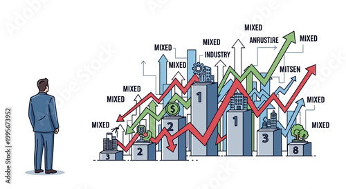 Businessman observes stock market trends and mixed industry performance