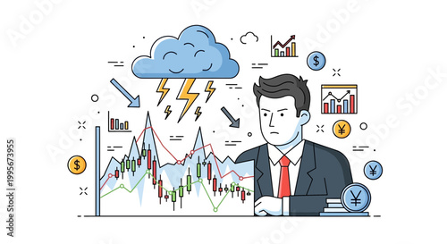 Businessman observes stock market fluctuations during financial crisis illustration