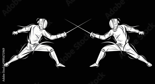 Fencers duel, sword fighting sport, competitive action, white illustration on black background