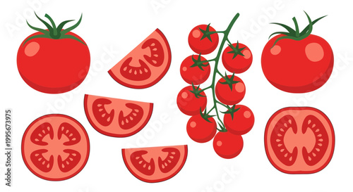 Fresh Ripe Red Tomatoes Collection: Whole, Sliced, and on the Vine