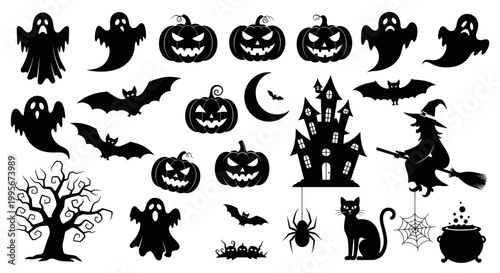 Halloween Silhouette Icons: Ghosts, Pumpkins, Bats, Witch, Castle, Cat